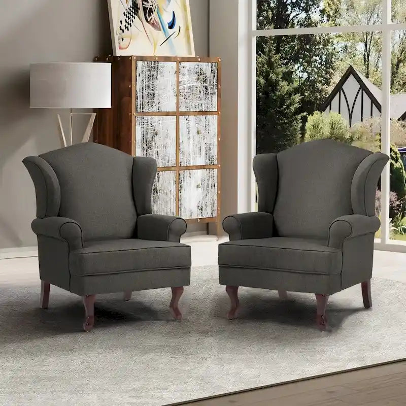 2 fauteuils d'appoint à dossier haut traditionnels, revêtus de tissu