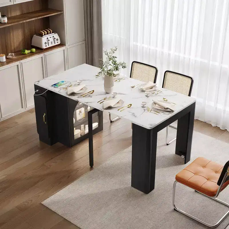 Table à manger extensible Whisen, table îlot mobile roulante avec 3 rallonges amovibles, meuble de rangement