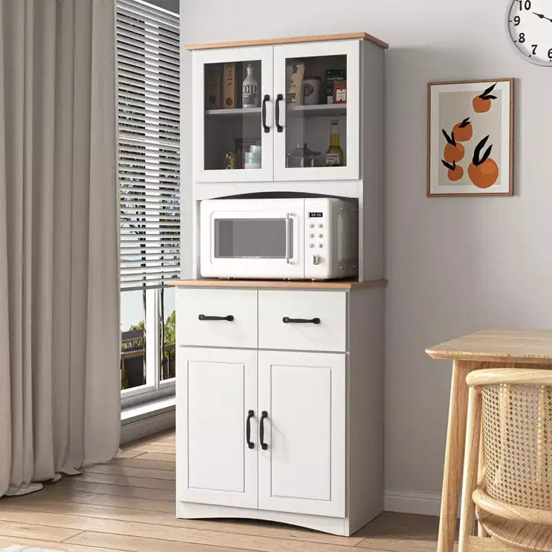 23 Armoires de cuisine en bois, armoire de garde-manger avec portes vitrées et tiroirs, étagères réglables, blanche