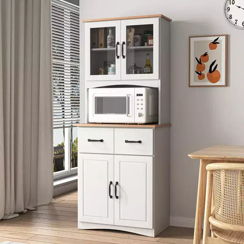 23 Armoires de cuisine en bois, armoire de garde-manger avec portes vitrées et tiroirs, étagères réglables, blanche