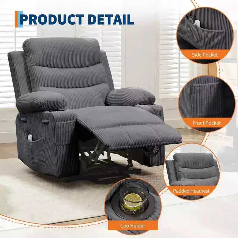 Fauteuil inclinable releveur avec massage et chauffage, fauteuils inclinables électriques surdimensionnés, siège de cinéma maison avec 2 porte-gobelets latéraux, fauteuil simple inclinable à bascule