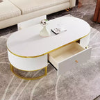 Table basse moderne 47W avec tiroirs, design profilé incurvé, pieds en métal doré, ovale, blanc+doré-ModernLuxe