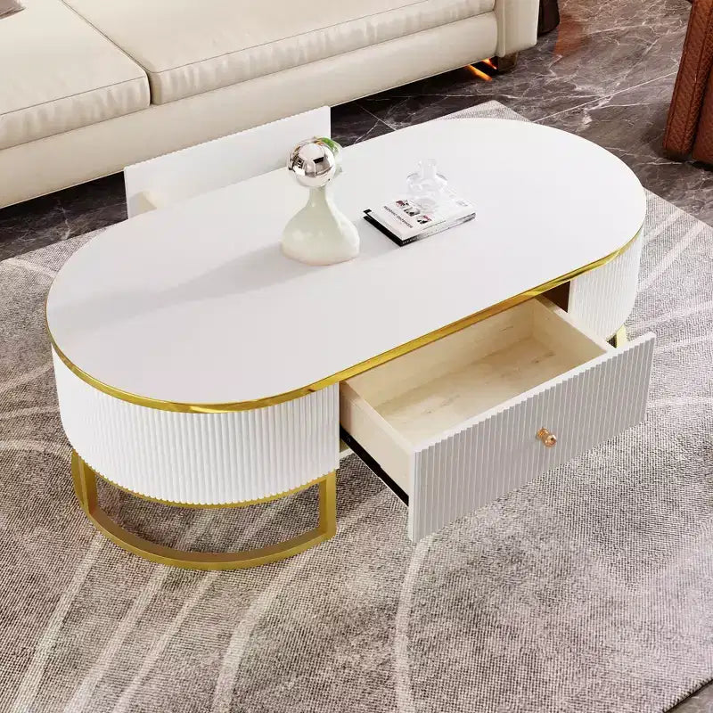 Table basse moderne 47W avec tiroirs, design profilé incurvé, pieds en métal doré, ovale, blanc+doré-ModernLuxe