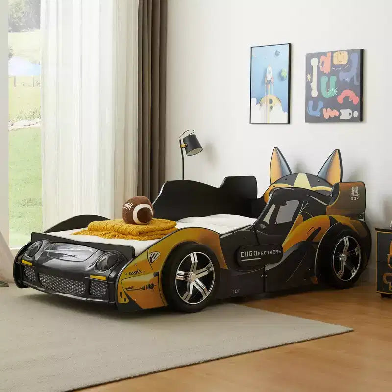 GDFStudio Fauna Lit pour enfant double taille en forme de voiture de course moderne avec phares LED