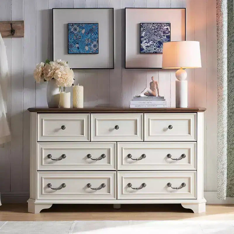 Commode 7 tiroirs de 54 po pour chambre à coucher, coffre de rangement rustique vintage pour salon et couloir
