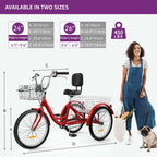 Tricycle adulte bleu 26 pouces à 3 roues avec paniers amovibles
