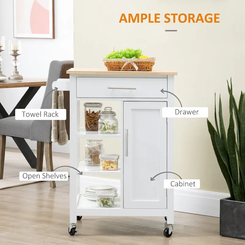 HOMCOM Desserte de cuisine compacte à roulettes, chariot de service roulant avec étagère de rangement et tiroir pour salle à manger