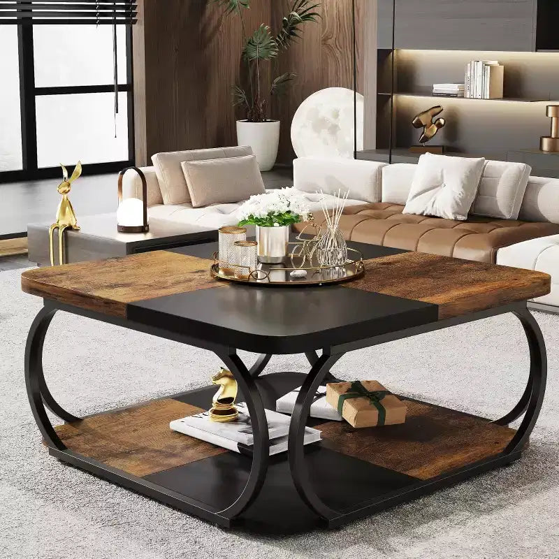 Table basse carrée de 40 pouces à 2 niveaux, table basse de style ferme avec étagère de rangement pour salon, marron rustique noir
