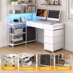 Bureau d'ordinateur en L de 120 cm avec 6 tiroirs et 5 étagères, bureau de jeu d'angle réversible avec lumières LED et prises de courant