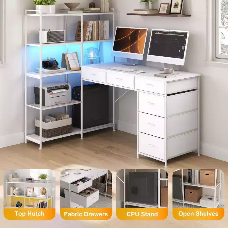 Bureau d'ordinateur en L de 120 cm avec 6 tiroirs et 5 étagères, bureau de jeu d'angle réversible avec lumières LED et prises de courant
