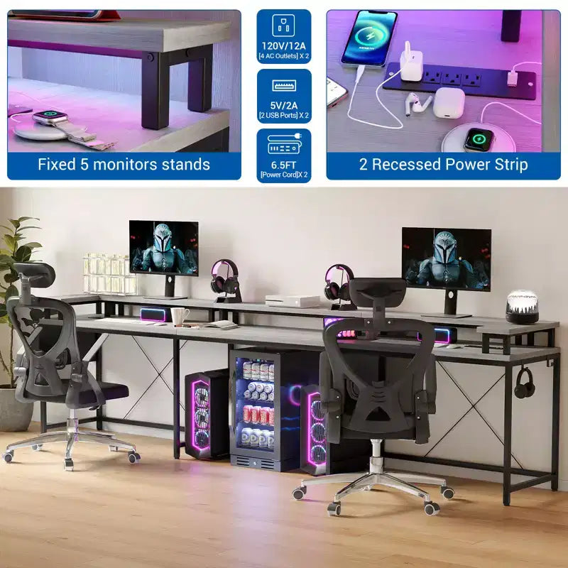 COZONY Bureau de jeu en forme de U/L 78", bureau d'ordinateur réversible avec prises de courant, lumières LED, support de moniteur et étagère de rangement, bureau d'angle pour le bureau à domicile