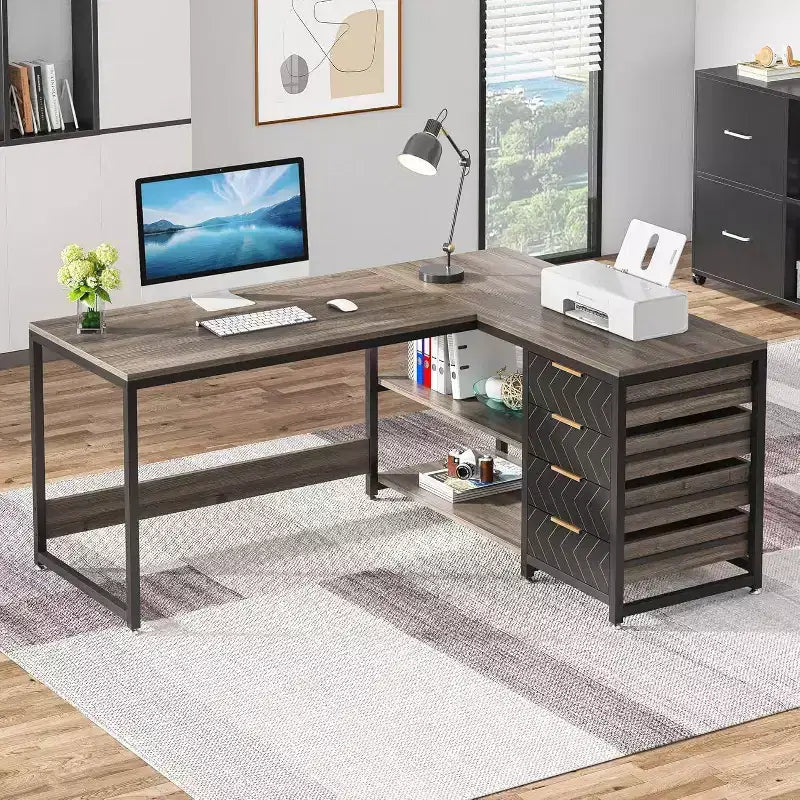 Bureau d'angle en L réversible de 59 po avec tiroirs de rangement, gris