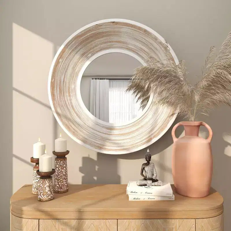 Miroir mural en bois 35x35 avec effet blanchi crème - Olivia & May : Aucun assemblage, cadre en MDF, usage intérieur