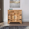 Console de meuble en bois de manguier artisanal de style rustique, 39 pouces, à 2 tiroirs et 2 portes, brun rustique