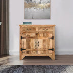Console de meuble en bois de manguier artisanal de style rustique, 39 pouces, à 2 tiroirs et 2 portes, brun rustique