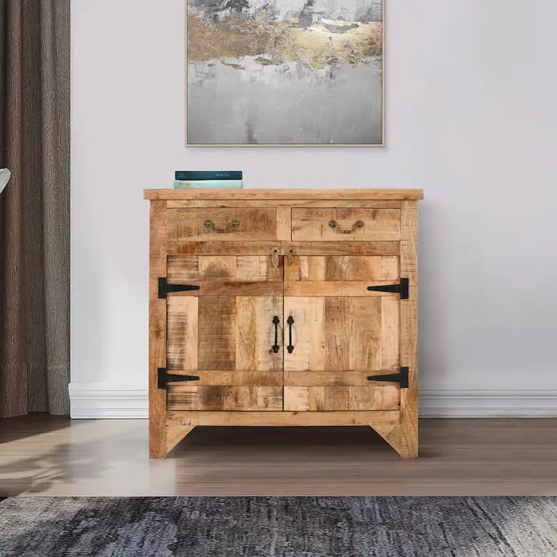 Console de meuble en bois de manguier artisanal de style rustique, 39 pouces, à 2 tiroirs et 2 portes, brun rustique
