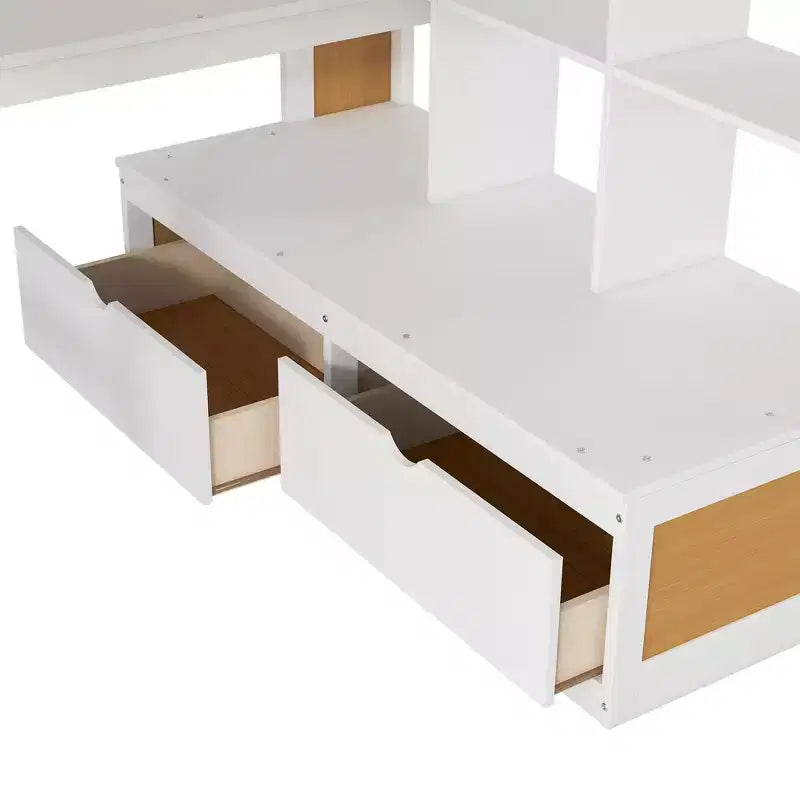 Lit mezzanine pleine grandeur avec escalier et bureau, cadre de lits mezzanine en bois avec tiroirs de rangement et étagères pour adultes, adolescents et enfants