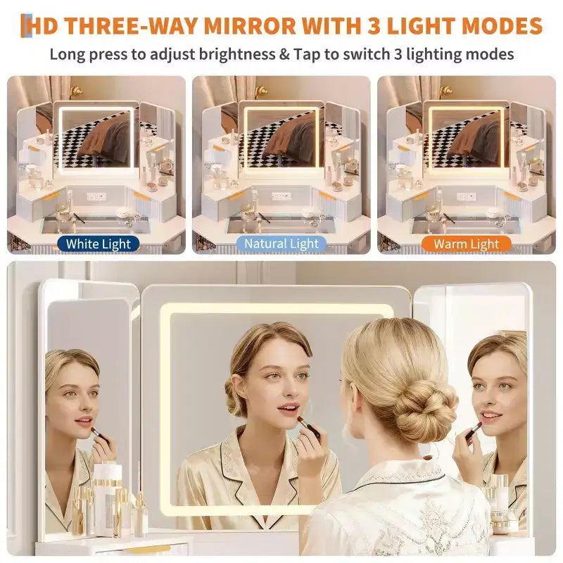 Coiffeuse d'angle 47 po avec miroir et lumière, table de maquillage en bois avec plateau en verre et station de charge, coiffeuse pour chambre à coucher