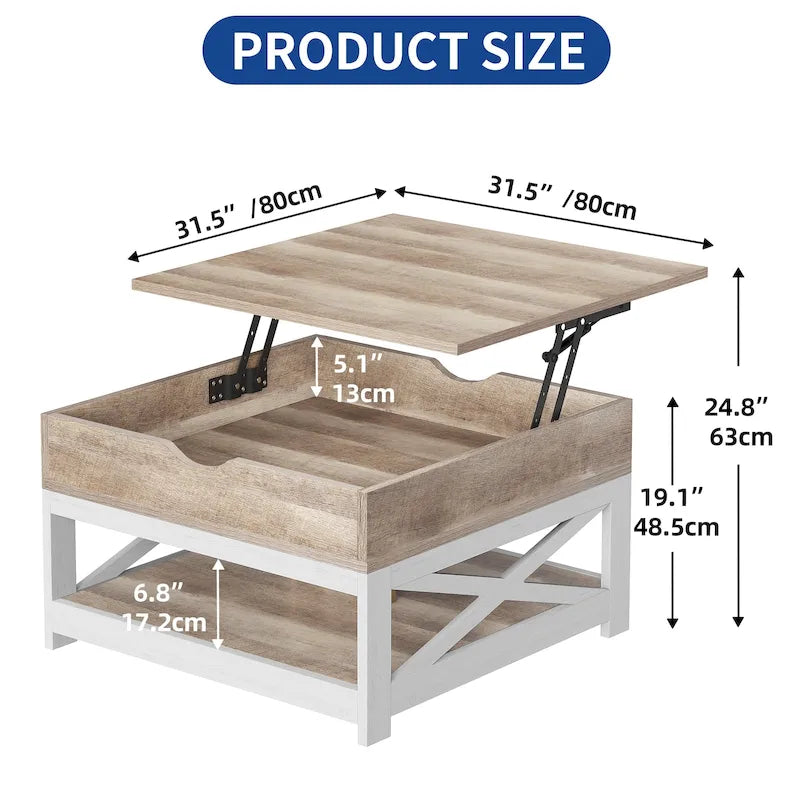 Table basse carrée à plateau relevable Moasis Farmhouse avec étagère de rangement pour salon
