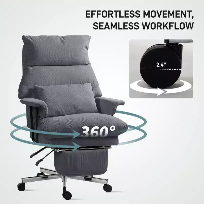 Fauteuil de bureau de direction avec soutien lombaire, repose-pieds, dossier haut inclinable, rembourré