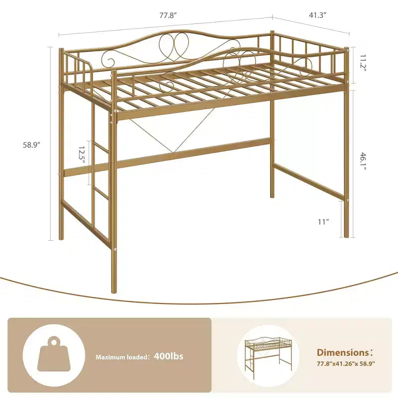 Lit mezzanine double avec échelle amovible et garde-corps de sécurité intégral, lit mezzanine double avec cadre en métal robuste d'une capacité de 180 kg, gain de place.