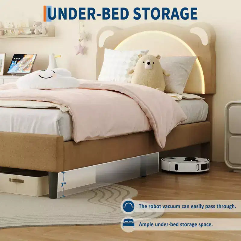 Cadre de lit enfant mignon - Design adorable ourson réglable, revêtement en suède, tiroirs de rangement, lattes en bois massif, conception silencieuse, facile à assembler.