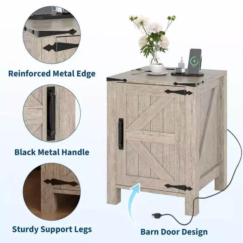 Lot de 2 tables de chevet de ferme avec station de recharge, table de nuit rustique avec porte de grange et étagère réglable, petite table d'appoint pour chambre et salon.