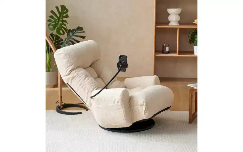 Chaise de jeu au sol, fauteuil de sol pivotant avec accoudoirs et support de téléphone, fauteuil de jeu inclinable pliant réglable sur 5 positions