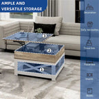 Table basse carrée à plateau relevable Moasis Farmhouse avec étagère de rangement pour salon