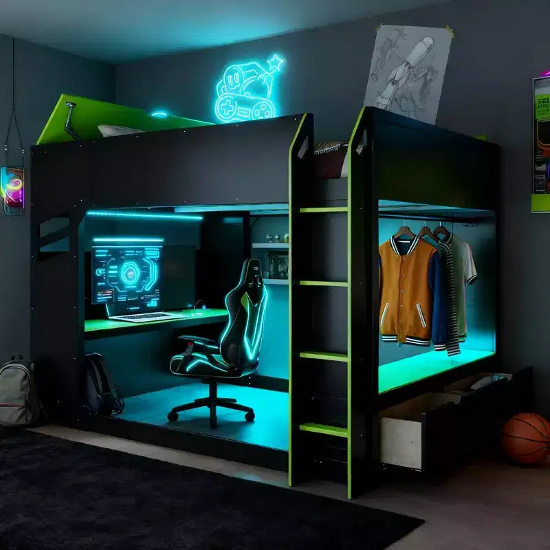 Lit mezzanine avec bureau réglable en hauteur, lumières RVB et rangement, lit gain de place pleine grandeur pour adolescents et adultes