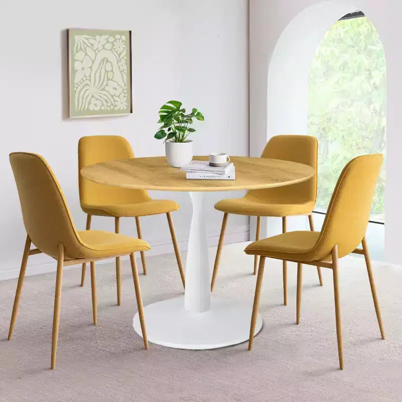 Ensemble de salle à manger rond 5 pièces, table piédestal 37" avec plateau aspect bois et chaises courbées rembourrées, style moderne-Panipeachy