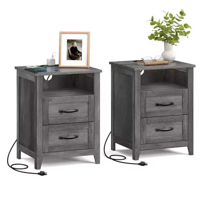 Lot de 2 tables de chevet de ferme avec port de chargement USB - Tables de nuit à 2 tiroirs, design rustique et moderne