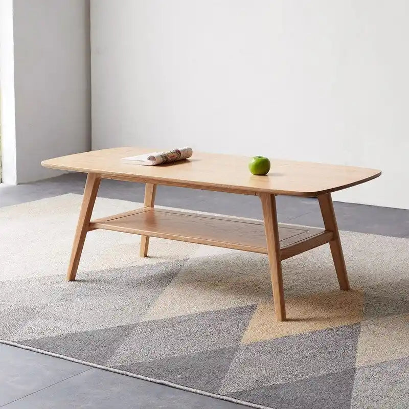 Table basse Grondin Nordic en bois massif naturel à 2 niveaux avec étagère, Table basse d'appoint rectangulaire