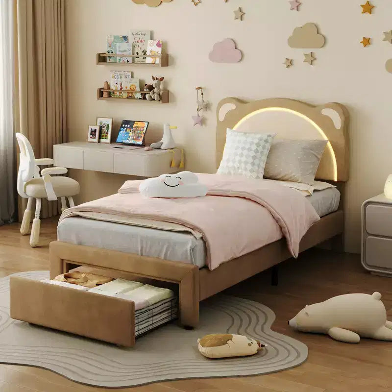 Cadre de lit enfant mignon - Design adorable ourson réglable, revêtement en suède, tiroirs de rangement, lattes en bois massif, conception silencieuse, facile à assembler.
