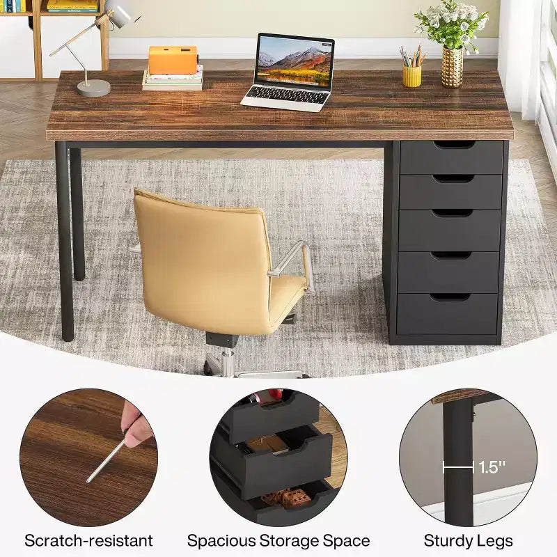 Bureau d'ordinateur Lantine avec 5 tiroirs, bureau moderne et simple de 119 cm pour la maison, le bureau et l'étude, idéal pour les petits espaces