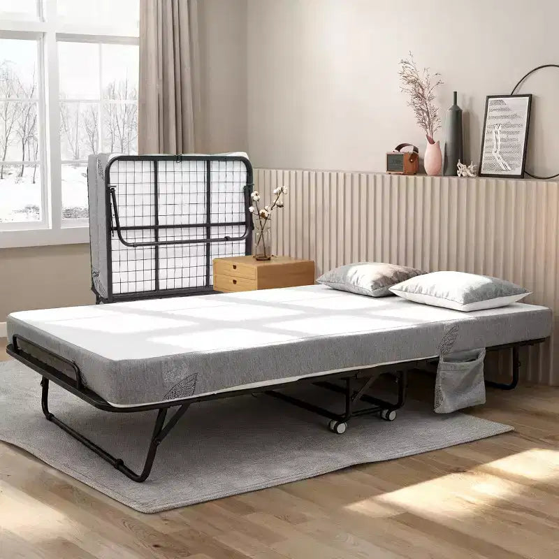 Lit pliant avec matelas pour adultes, lits d'appoint portables, lit pliant avec cadre en métal, matelas en mousse à mémoire de forme 5 et poche de rangement latérale
