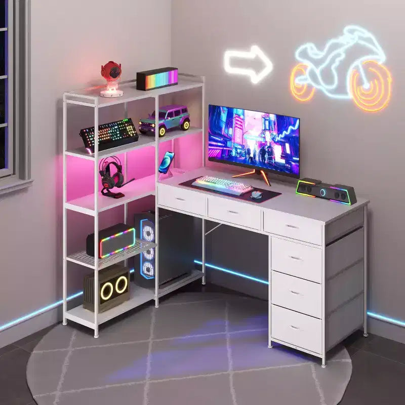 Bureau d'ordinateur en L de 120 cm avec 6 tiroirs et 5 étagères, bureau de jeu d'angle réversible avec lumières LED et prises de courant