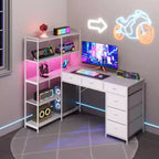 Bureau d'ordinateur en L de 120 cm avec 6 tiroirs et 5 étagères, bureau de jeu d'angle réversible avec lumières LED et prises de courant