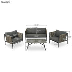 Ensemble de patio en corde d'extérieur 4 pièces pour 4 personnes avec coussins et table en verre