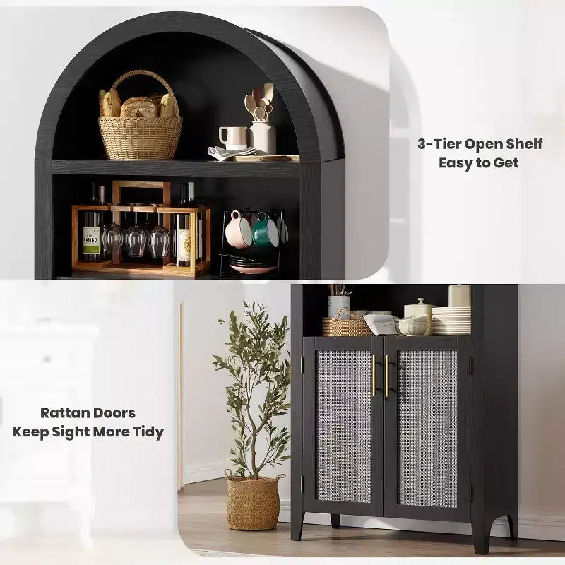 Acekool Armoire de cuisine bombée avec portes en rotin, meuble de rangement de ferme à 5 niveaux pour cuisine, salle à manger, salon