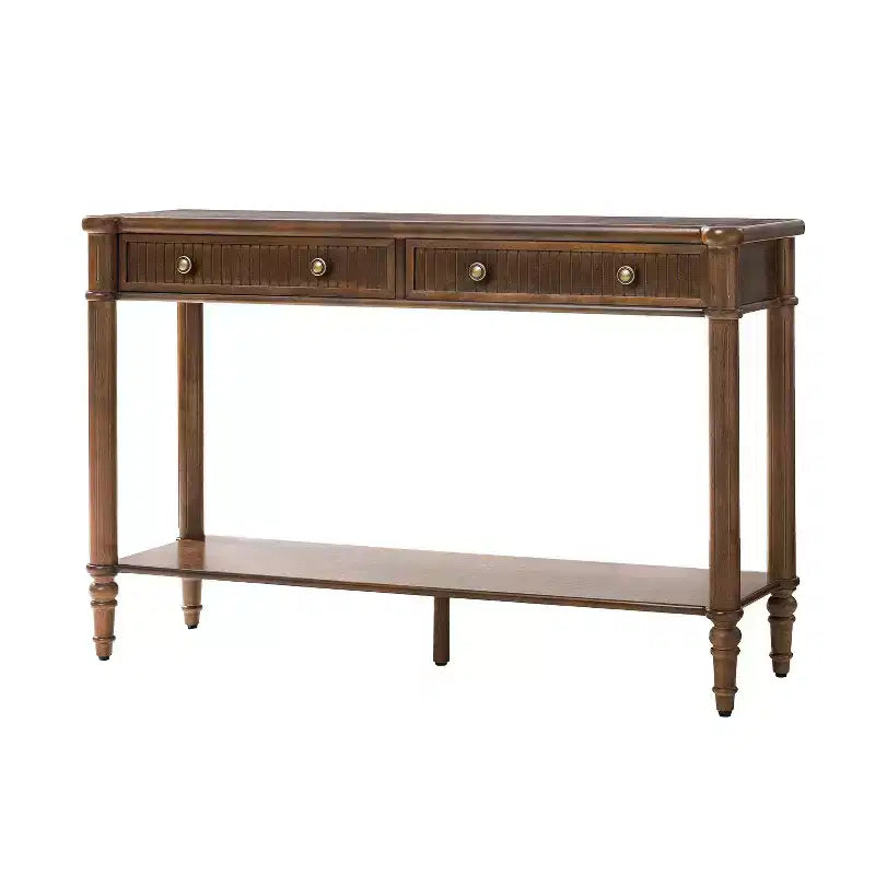 Console 47,2" en noyer avec 2 tiroirs cannelés et étagère inférieure