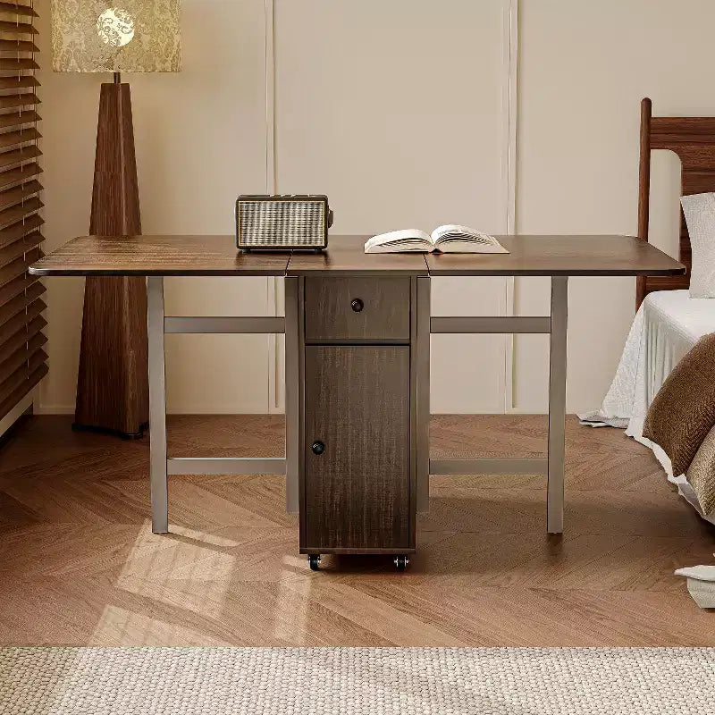 Table de salle à manger pliable ATJafurn 59 avec abattants pour petits espaces, table de cuisine rectangulaire en bois extensible avec roulettes et rangement