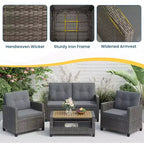 Heynemo Ensemble de mobilier de patio 4 pièces, salons de conversation de patio en osier tout temps avec table basse à 2 niveaux, canapé d'extérieur