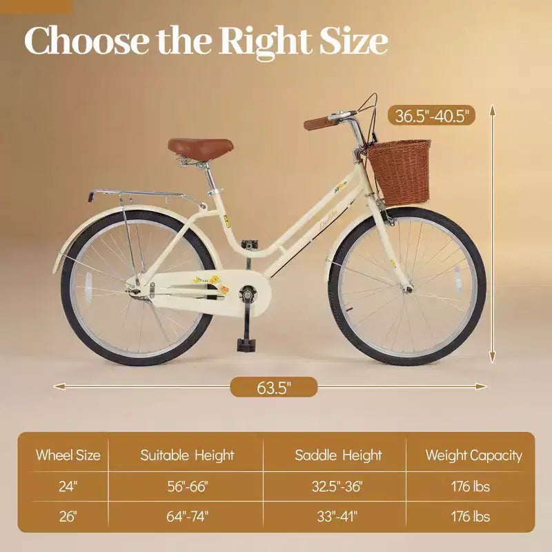 Vélo de ville Gymax Beach Cruiser 24 pouces avec selle réglable, panier tressé et porte-bagages arrière