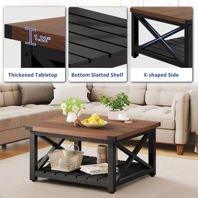 Table basse carrée à plateau relevable Moasis Farmhouse avec étagère de rangement pour salon