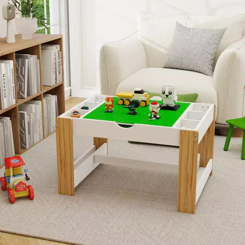 Table d'activités 2-en-1 pour enfants avec 7 compartiments de rangement - Table de blocs de construction LEGO compatible et tableau blanc, blanc et vert