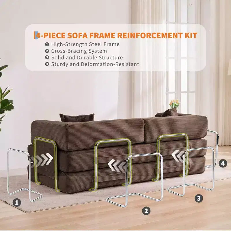 Canapé futon moderne en velours côtelé de 79 po pour petits espaces, canapé-lit convertible 5 en 1 avec accoudoirs et oreillers amovibles