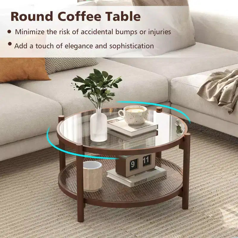 Table basse ronde de 31 po avec plateau en verre trempé et tablette en rotin