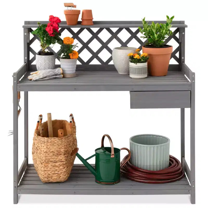 Table de rempotage de jardin en bois d'extérieur Best Choice Products, plan de travail avec tiroir de rangement et étagère ouverte
