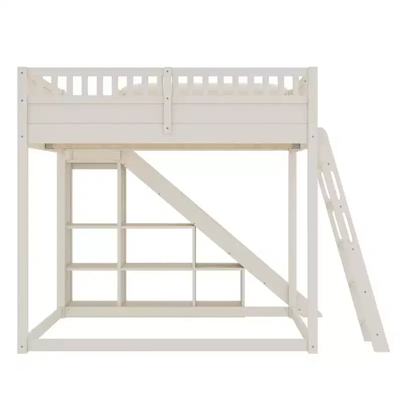 Lit mezzanine Bellemave avec tête de lit rembourrée et étagères de rangement, cadre de lit mezzanine en bois massif avec échelle et toboggan pour enfants